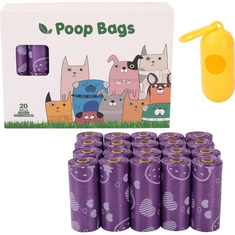 Sacs biodégradables pour déjections d'animaux (distributeur inclus) – Pour l'extérieur – Parfum lavande – Lot de 300 (20 rouleaux de 15 sacs) (1/5)