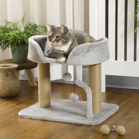 Arbre à chat grattoir design avec jeu 2 pompons suspendus 2 poteaux jute plateforme peluche jute 48 x 38 x 42 cm gris