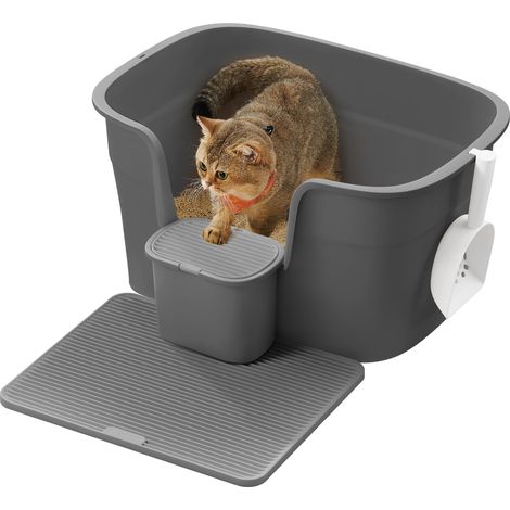 Bac à Litière pour Foyers Multi-Chats, Litière Extra Large avec Paroi Latérale, avec Un Tapis de Litière, Boîte de Rangement, Pelle, pour Grand Chat, Gris Ardoise (1/5)