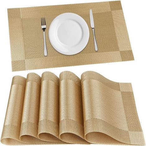 Napperons - Lot de 6 - Sets de table tissés - PVC - Sous-couche - Antidérapants - Résistants à la chaleur - Souples - Imperméables et résistants à l'huile - 45 x 30 cm - Dorés - Décoration de table id (1/5)