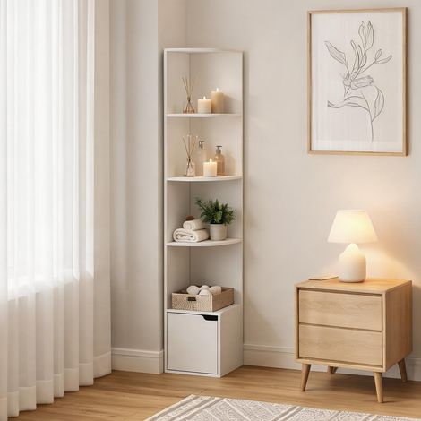 Étagère d'angle blanche avec placard 5 niveaux et rangement fermé (1/5)