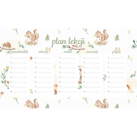 Plan de cours magnétique Animaux de la forêt pastel 45 x 26 cm