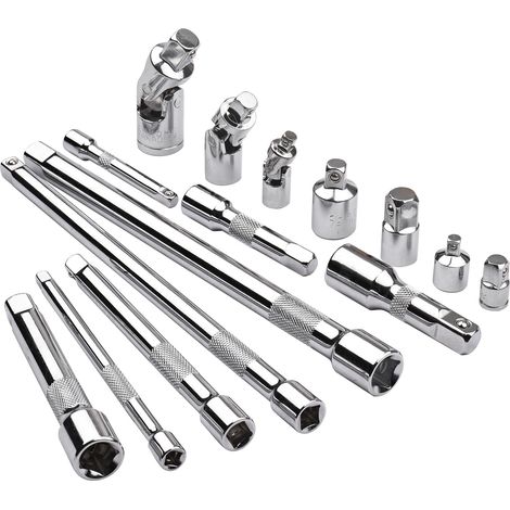 Ensemble 15 Pièces Accessoires Cliquet avec Adaptateurs Douilles 1/4'' 3/8'' 1/2'' Rallonges et Cardans Renvoi d'Angle Barre Extension Chocs et Adaptateur Set Professionnel Douilles (1/4)