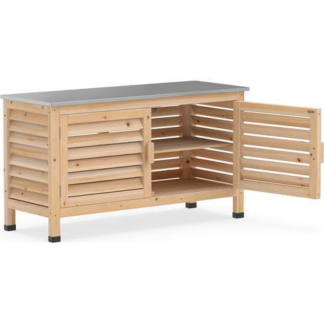 Armoire de rangement extérieur en bois de sapin naturel avec plan de travail acier inoxydable et étagère en L, meuble de jardin pour terrasse, balcon et porche (1/5)