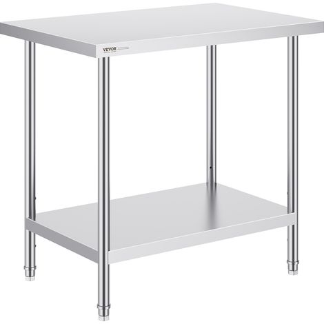 VEVOR Tavolo da Lavoro in Acciaio Inossidabile 610 x 914 x 864 mm, con 4 Ruote, 3 Livelli di Altezza Regolabili, Tavolo Resistente per Preparazione Alimenti Ristoranti Cucina Commerciale, Argento