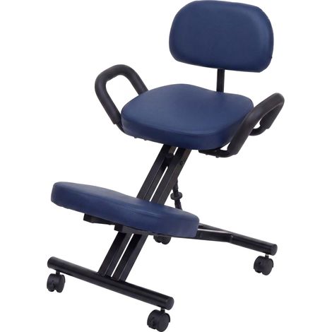 Tabouret à genoux avec dossier HHG-211, tabouret d'assise/à genoux, accoudoirs réglables en hauteur, roulettes, similicuir, métal, bleu