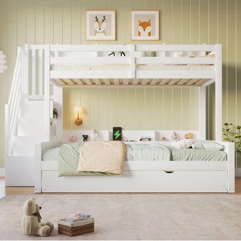 Etagenbett aus weißem Holz 90x200/140x200 cm mit Ausziehbett, ohne Matratzen – MEUBLIV (1/5)