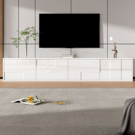 Meuble TV 170x30x 30.5 cm suspendu, meuble TV bas moderne de salon, en MDF et panneau de particules brillant avec 3 portes et 2 tiroirs, Blanc (1/5)