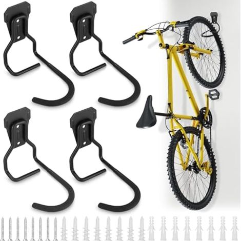 Support mural pour vélo avec crochet en caoutchouc protecteur et support solide et sûr pour VTT, vélo de course ou garage, noir (1/4)
