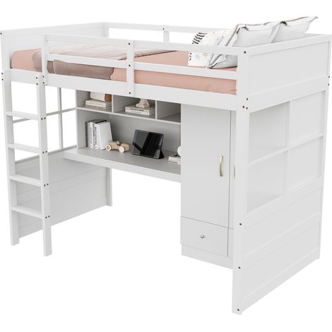 Hochbett 90 x 200 Cm Mit Schreibtisch, Kleiderschrank Und Schubladen, Ohne Matratze, Aus Holz, Weiß (1/5)