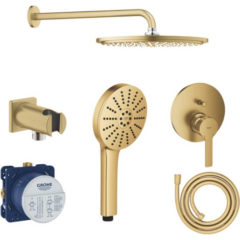Pack GROHE douche encastré façade + Corps encastré + Coude support + Douche tête murale + Douchette + Flexible 175 cm Doré brossé (1/4)