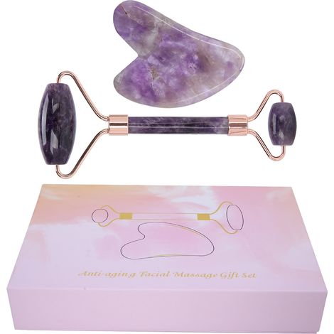 Rouleau de massage visage portable en améthyste, coffret beauté avec pierre de gua sha en forme de cœur, sculpteur facial naturel, soin anti-rides, outil de rajeunissement, 2 pièces (1/5)