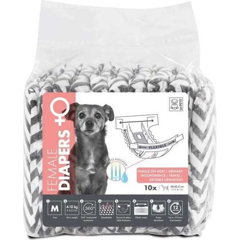 Hundeunterlagen - M PETS - WINDELN - Weiblich M x10 - Taillenumfang 30-42,5 cm - 4-10 kg - Feuchtigkeitsindikator - 12h Schutz (1/2)