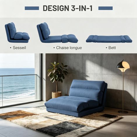 Fauteuil de sol modulable 70x72x56cm, dossier inclinable de 90 à 180 degrés, revêtu d’un tissu très doux bleu marine profond (1/4)