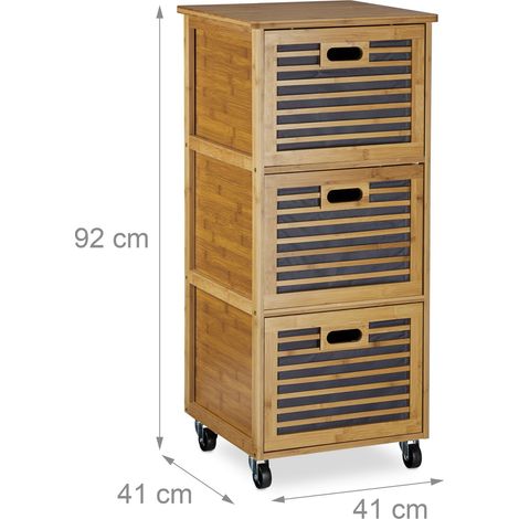 Cassettiera con ruote 3 cassetti mobile portaoggetti moderno bagno 60 x 40 x 70 cm in bambù naturale 130004444