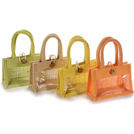 Petits sacs en jute colorée avec fenêtre transparente, anses en corde de coton et bouton, lot de 8, 19 x 9,5 x H. 13 cm (25,5 cm avec anses)