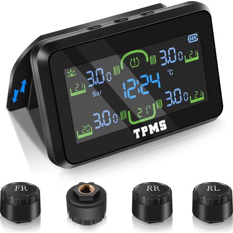 TPMS Système de Surveillance de La Pression des Pneus avec Support détaché, Moniteur Solaire Pression Pneu Voiture sans Fil avec Alarme, 6 bar/87 Psi Affichage de l'heure/de la température (1/5)