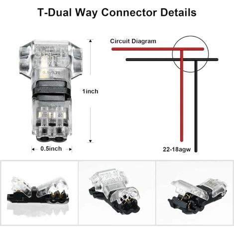 Connecteur électrique 2 broches 3 voies en T, bornier compact universel pour câbles basse tension 18-22 AWG, raccord rapide sans soudure (1/3)