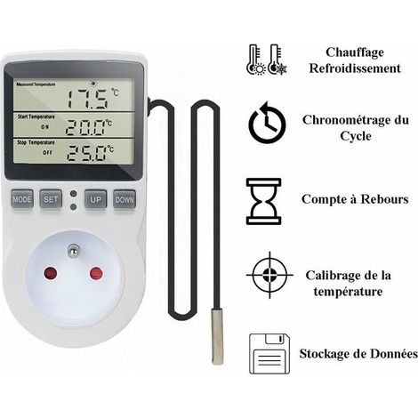 Prise Thermostat Regulateur de Temperature Numerique 220V Chauffage Refroidissement avec Sonde, LCD Prise Contrôleur de Température pour Frigo Incubateur Serre Ventilateur (1/3)