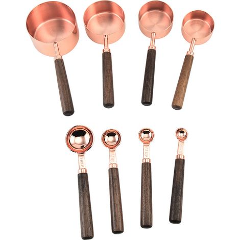Ahlsen Cucharas y tazas medidoras de acero inoxidable, juego de 8, 4 cucharas medidoras, 4 tazas medidoras, mango de madera, cucharas medidoras para medir ingredientes secos y líquidos (1/5)