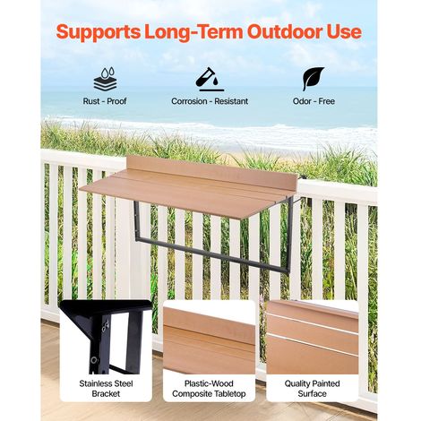 Table suspendue balcon pliable 39x100 cm, table bordure terrasse 5 hauteurs, acier inox, pour rambarde 2,5-13,5 cm, table service patio (1/5)