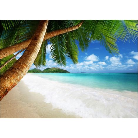 Papier peint panoramique plage mer palmiers décoration murale – 250 x 175 cm Wallarena (1/4)