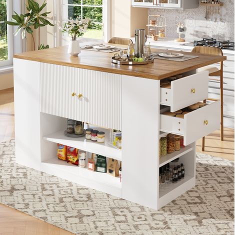 Isla de cocina 140x40x90 cm en MDF y metal blanca, extensible, para cocina FloraGrace (1/5)