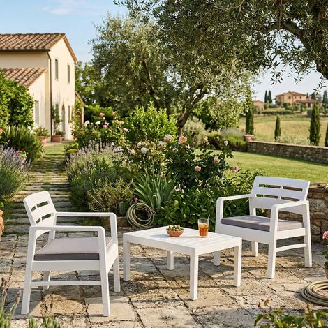 Outdoor-Lounge-Set Benevento, Gartengarnitur mit 2 Sesseln und 1 Couchtisch, Innen- und Außensitzgruppe mit Kissen, 100 % Made in Italy, Weiß (1/3)