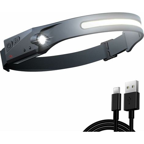1 Lampe frontale LED rechargeable, 350 lm, angle 230°, étanche, 5 modes, capteur mains libres, pour randonnée jogging camping alpin (1/5)