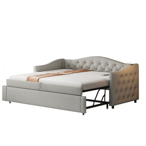 CAIziCanapé-lit extensible rembourré, 90200 cm, avec port USB, forme classique à boutons avec sommier à lattes, lit multifonction - lit d'appoint, tissu lin, gris (matelas non inclus) (1/5)