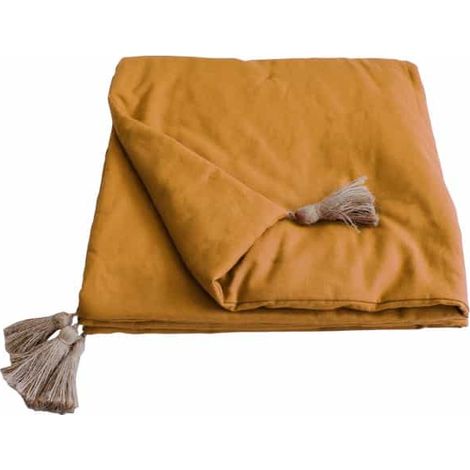 Edredon Panama avec pompons en jute Jaune moutarde 90x190 cm (1/2)