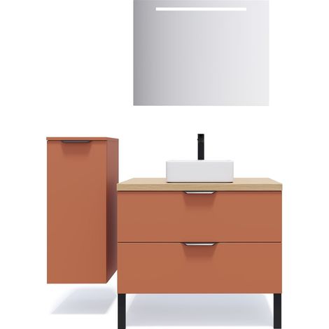 Meuble de salle de bain suspendu vasque à poser 90cm 2 tiroirs Terracotta + miroir + colonne ouverture gauche - Soho (1/5)