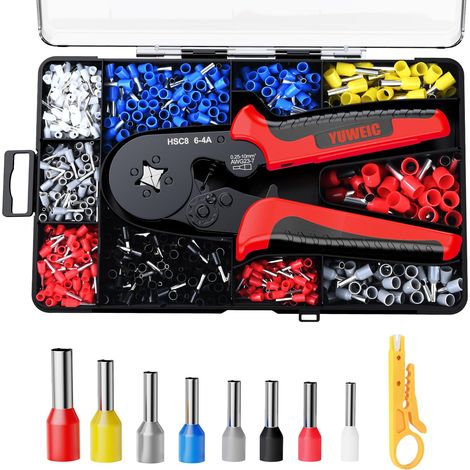 Kit d'outils de sertissage - Pince à sertir électrique avec mécanisme à cliquet pour embouts de câble de 0,25 à 10 mm² avec 1280 bornes en laiton et mallette de rangement - Mini pince à dénuder (1/5)