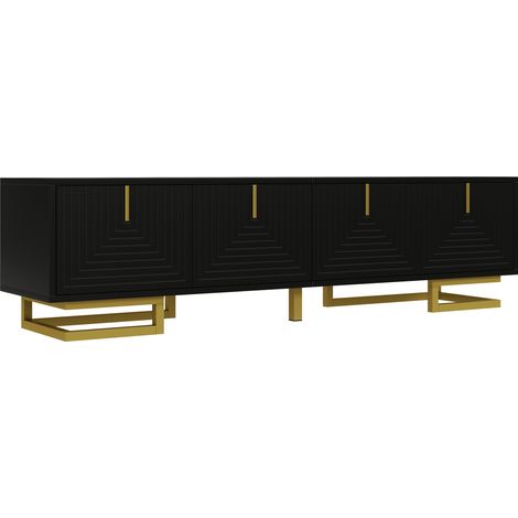 Meuble TV Lowboard noir avec portes texturées, poignées et pieds dorés, 160 cm (1/5)