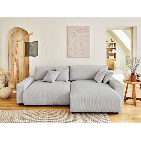 Pivoine – ecksofa beidseitig montierbar– 4-sitzer– schlaffunktion mit bettkasten – aus cord - hellgrau