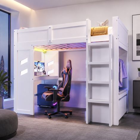 Lit mezzanine 90 x 200 cm blanc en bois et MDF avec bureau, échelle, LED, ports USB et Type-C, 2 tiroirs et portant, pour chambre enfant – de FLORAGRACE (1/5)