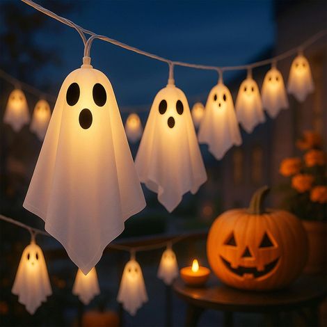 Guirnalda de luces de fantasmas de Halloween con control remoto, 2,75 m, 10 luces LED colgantes de tela, funciona con pilas y tiene 8 modos, decoración de ventanas de Halloween para el hogar y fiestas (1/5)
