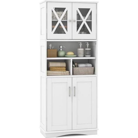 COSTWAY Armoire de Rangement de 145 cm de Haut, 2 Portes en Acrylique Transparent, 3 Compartiments Ouvertes, Colonne Salle de Bain Autoportante, pour Salon, Cuisine, Salle à Manger, Bureau (Blanc) (1/5)