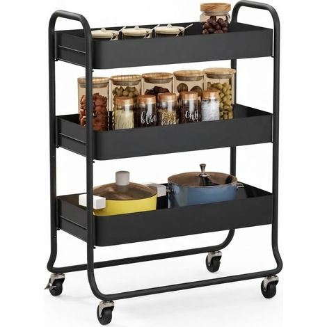ELVMI Carrello da Cucina con 3 Cestelli e 4 Ruote, 2 con Freno, in Metallo, 64.5 x 34 x 87 cm, Nero (1/5)