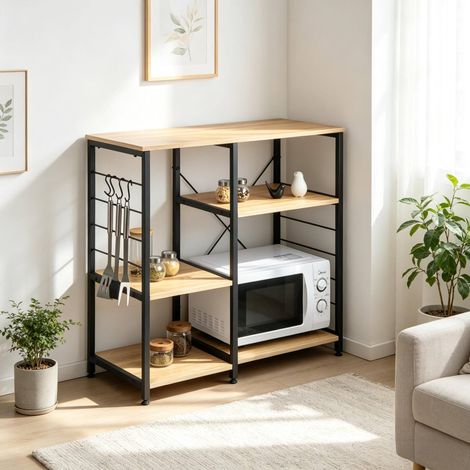 Scaffale da cucina 90x40x83.5 cm, 5 ripiani, 4 ganci, montaggio con attrezzi inclusi, legno ingegnerizzato rovere chiaro (1/4)