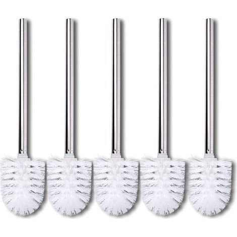 Lot de 5 brosses WC de remplacement – Tête de brosse blanche – Poignée en acier inoxydable – Compatible avec tous WC courants (1/5)