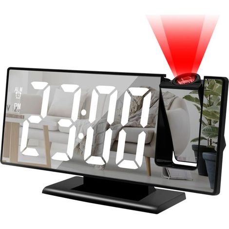 Réveil à projection - Réveil miroir - Rotation à 180° avec affichage LED et mode nuit - 1 pièce - Boîtier noir avec caractères blancs - Idéal pour la chambre (1/5)