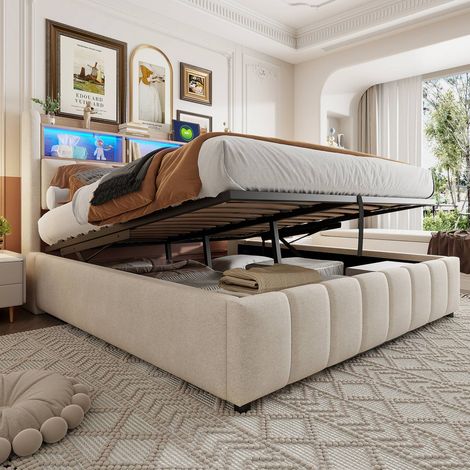 Lit double 180 x 200 cm en lin beige, tête de lit avec étagères et rangements, coffre hydraulique, éclairage led et ports usb inclus (1/5)