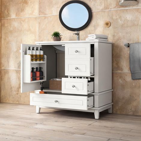 Meuble sous lavabo blanc laqué 81 cm avec trois tiroirs et porte (1/5)