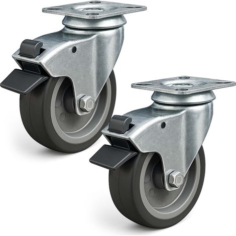 Juego de 2 ruedas giratorias 100 mm ruedas de plástico con freno placa de montaje máx. 80 kg/rueda