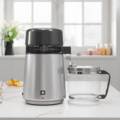 Distillateur d'eau de plan de travail – Purificateur en acier inoxydable 304 et réservoir en verre – Triple filtration – 220 V 750 W – Capacité 4 L – Idéal pour la maison, le bureau et les voyages – A (1/5)