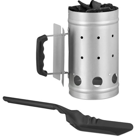 set de barbacoa de 2 piezas, arrancador de chimenea de acero, pala plana, encendedor de carbón, pala negra para cenizas (1/5)