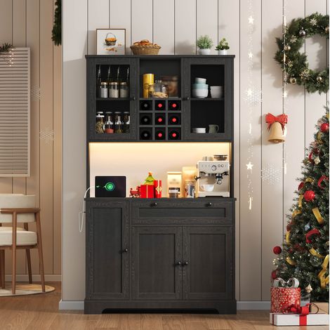 Credenza da cucina 180x105x40 cm nera in MDF con LED multicolore, presa integrata e ripiani regolabili (1/5)