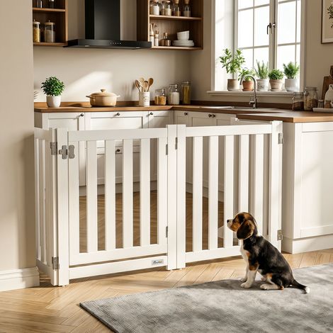 Barrière Sécurité Chien Pliable Bois, 4 Panneaux avec Porte, Pieds Support, 205x60 cm, Blanc (1/5)