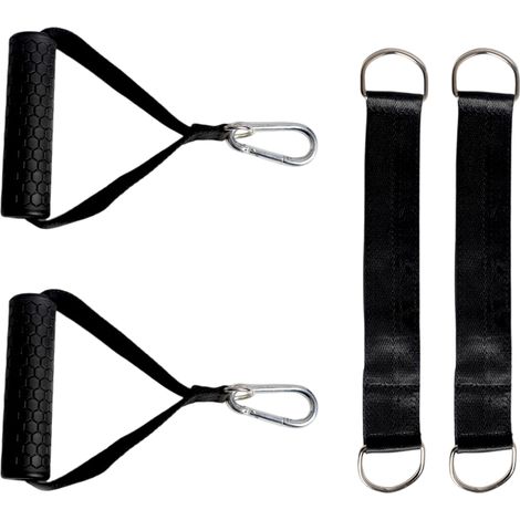 Zubehör für Fitnessgeräte: ein Paar schwarze Gummigriffe, ein Paar Karabinerhaken und ein Paar 2,5 cm breite Gurte (1/2)